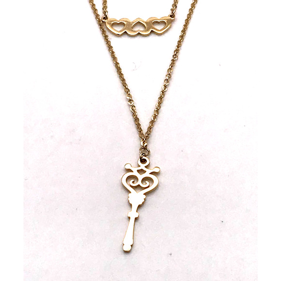 18k Layered Choker Necklace with Hearts and Key charm 14" /18" with Extender - Picture 5 of 14